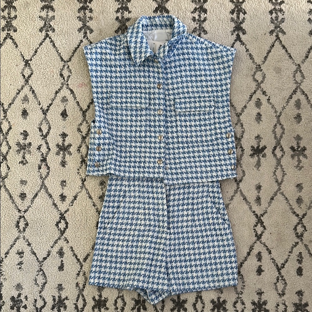 NWT Zara Blue and White Houndstooth Matching Vest Short Set